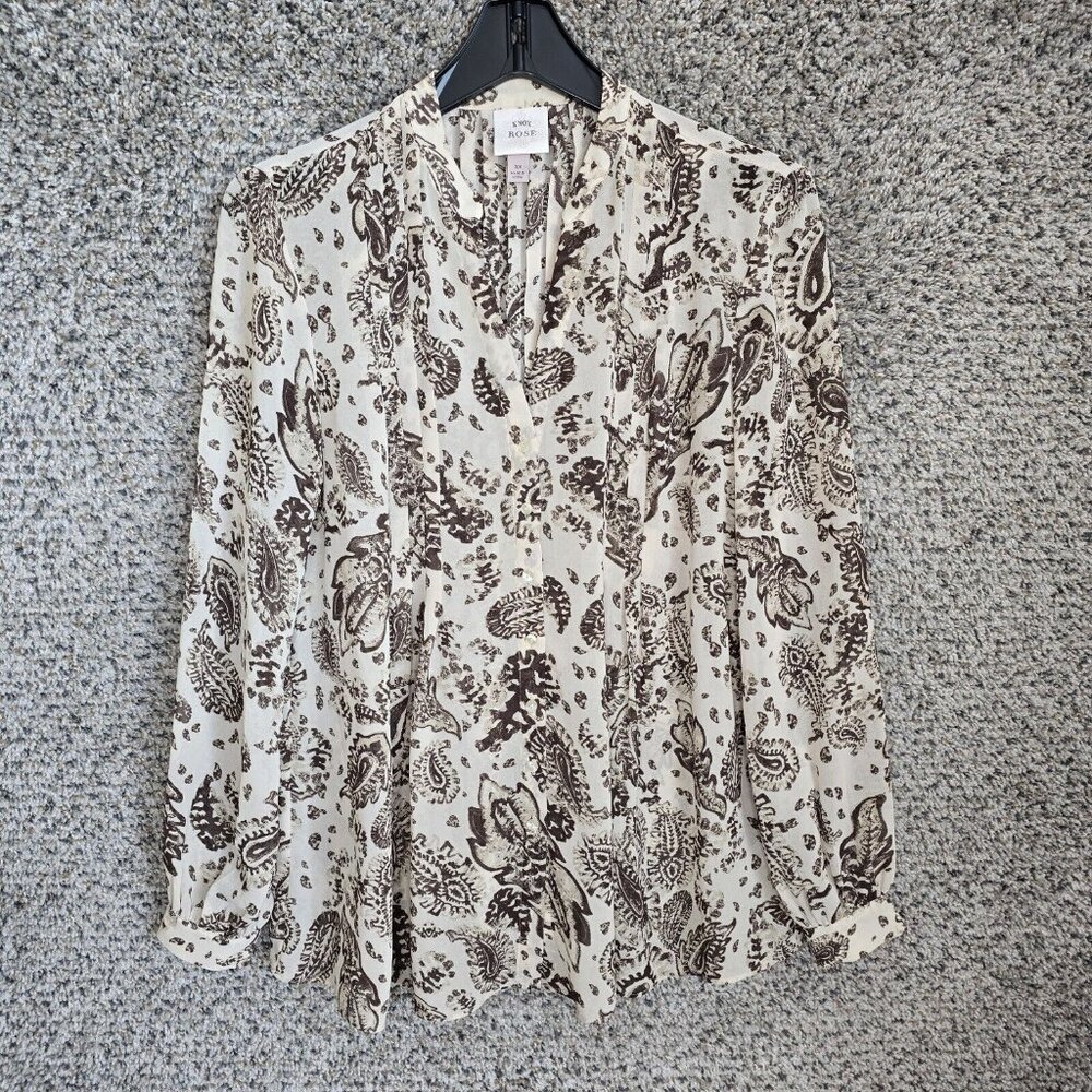 Knox Rose Top Womens XS Brown Paisley Print Sheer Button Up Blouse Ladies